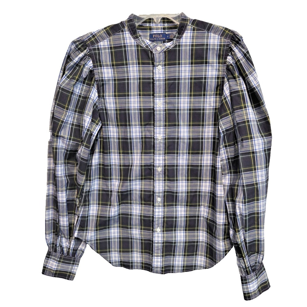 Polo Ralph Lauren Plaid Puff Sleeve Sz 8 Button Down Shirt Mandarin Collar RARE